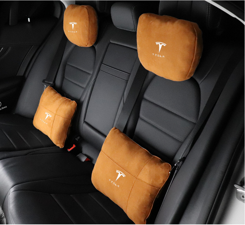 2Pcs Red Tesla Car Seat Neck Headrest Pillow Rest Cushion Velvet Embroidery