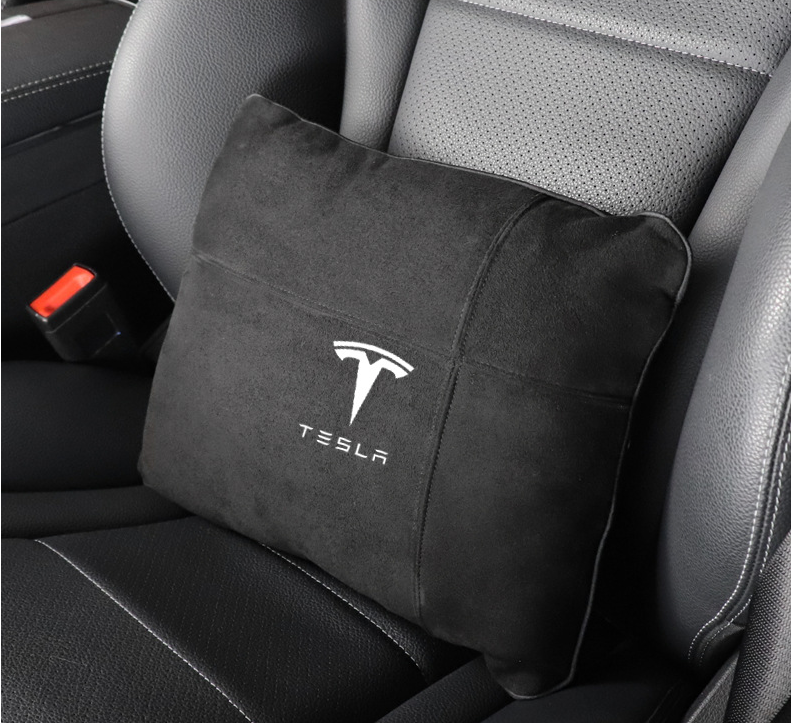 2Pcs Beige Tesla Car Seat Neck Headrest Pillow Rest Cushion Velvet  Embroidery